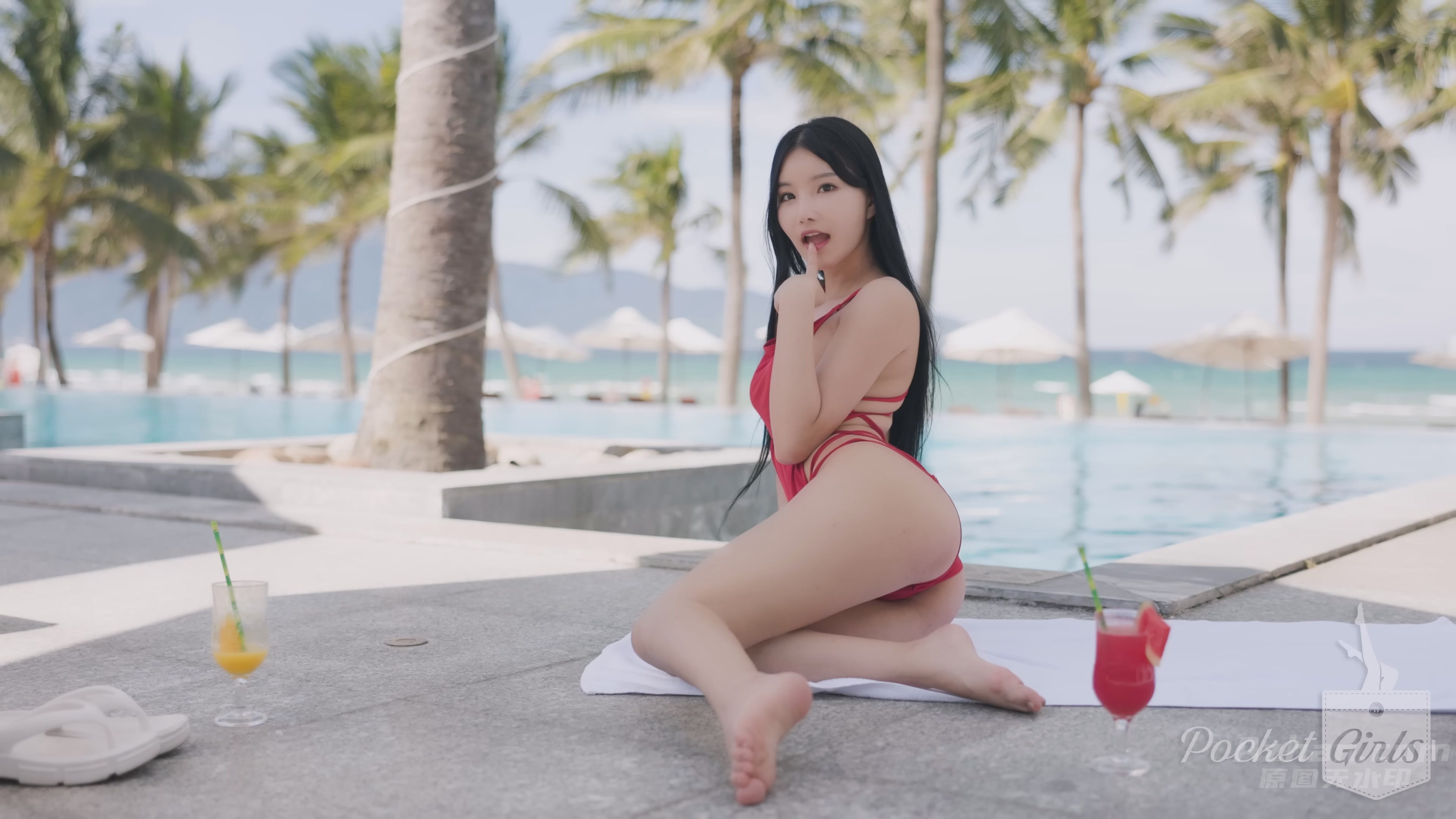A88 Pool Wading in Vibrant Red Monokini, Yeonji, Pocket Girls, 412M-4